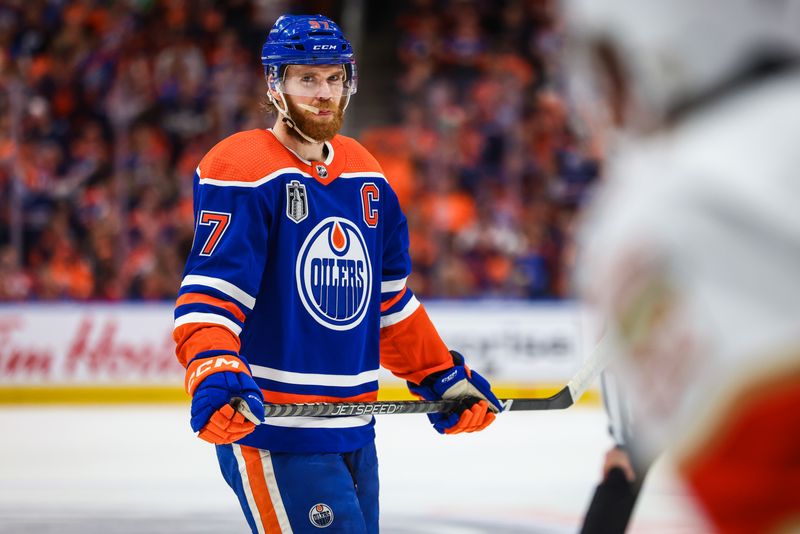 Jun 21, 2024; Edmonton, Alberta, CAN; Edmonton Oilers center Connor McDavid (97) against the Florida Panthers during the second period in game six of the 2024 Stanley Cup Final at Rogers Place. Mandatory Credit: Sergei Belski-USA TODAY Sports