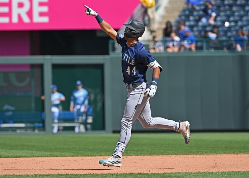 Aug 17, 2023; Kansas City, Missouri, USA;  Seattle Mariners center fielder Julio Rodriguez (44) reacts after hitting a three run home run in the eighth inning against the Kansas City Royals at Kauffman Stadium. Mandatory Credit: Peter Aiken-USA TODAY Sports