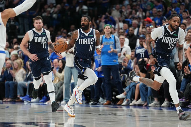 DALLAS, TX - APRIL 28: Kyrie Irving #11 of the Dallas Mavericks handles the ball during the game against the LA Clippers during Round 1 Game 4 of the 2024NBA Playoffs on April 28, 2024 at the American Airlines Center in Dallas, Texas. NOTE TO USER: User expressly acknowledges and agrees that, by downloading and or using this photograph, User is consenting to the terms and conditions of the Getty Images License Agreement. Mandatory Copyright Notice: Copyright 2024 NBAE (Photo by Glenn James/NBAE via Getty Images)