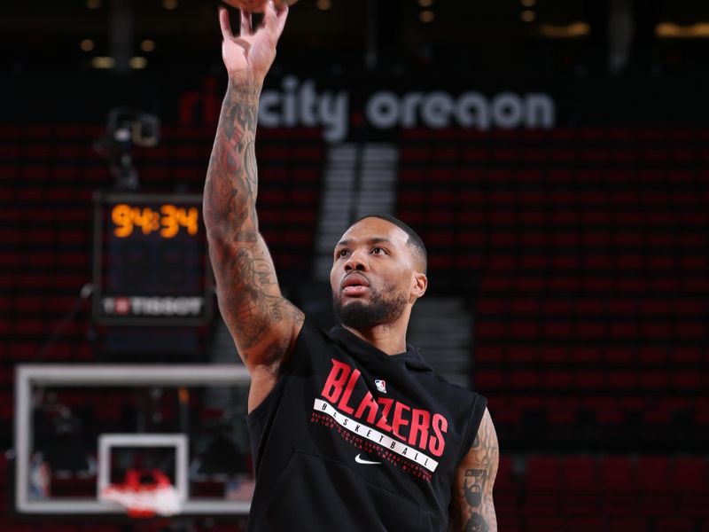 PORTLAND, OR - FEBRUARY 26: Damian Lillard #0 of the Portland Trail Blazers warms up before the game against the Houston Rockets on February 26, 2023 at the Moda Center Arena in Portland, Oregon. NOTE TO USER: User expressly acknowledges and agrees that, by downloading and or using this photograph, user is consenting to the terms and conditions of the Getty Images License Agreement. Mandatory Copyright Notice: Copyright 2023 NBAE (Photo by Sam Forencich/NBAE via Getty Images)