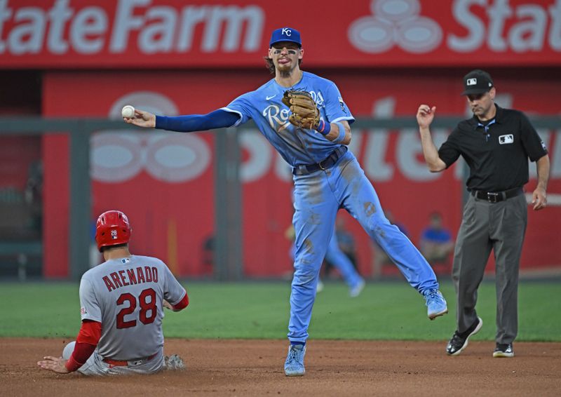 Aug 12, 2023; Kansas City, Missouri, USA;  Kansas City Royals shortstop Bobby Witt Jr. (7) throws the ball to first base after forcing out St. Louis Cardinals third baseman Nolan Arenado (28) at second base in the seventh inning at Kauffman Stadium. Mandatory Credit: Peter Aiken-USA TODAY Sports