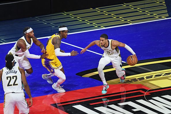 LAS VEGAS, NV - DECEMBER 9: Tyrese Haliburton #0 of the Indiana Pacers dribbles the ball during the game against the Los Angeles Lakers during the In-Season Tournament Championship game on December 9, 2023 at T-Mobile Arena in Las Vegas, Nevada. NOTE TO USER: User expressly acknowledges and agrees that, by downloading and or using this photograph, User is consenting to the terms and conditions of the Getty Images License Agreement. Mandatory Copyright Notice: Copyright 2023 NBAE (Photo by Juan Ocampo/NBAE via Getty Images)