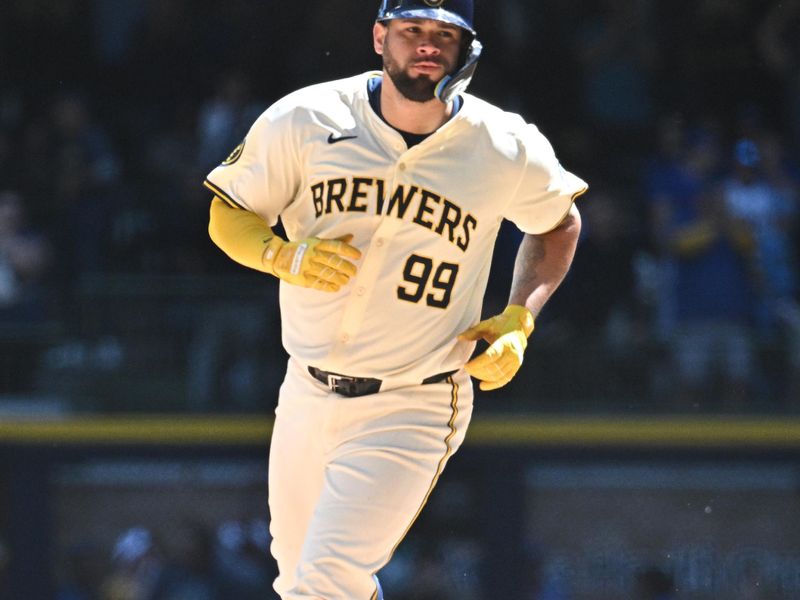 May 30, 2024; Milwaukee, Wisconsin, USA; Milwaukee Brewers catcher Gary Sánchez (99) rounds the bases after hitting a home run against the Chicago Cubs in the eighth inning at American Family Field. Mandatory Credit: Michael McLoone-USA TODAY Sports