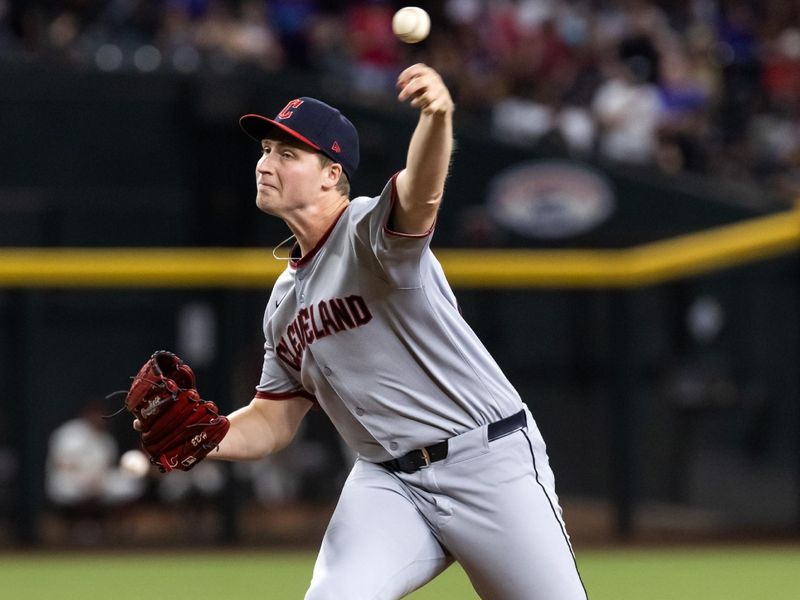 Aug 19, 2025; Phoenix, Arizona, USA; Cleveland Guardians pitcher Tim Herrin against the Arizona Diamondbacks at Chase Field. Mandatory Credit: Mark J. Rebilas-Imagn Images
