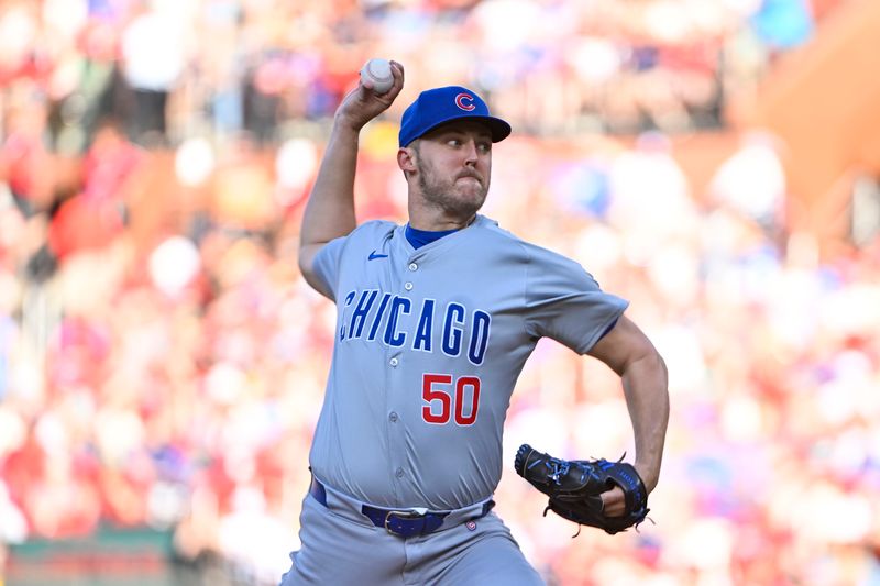 May 25, 2024; St. Louis, Missouri, USA;  Chicago Cubs starting pitcher Jameson Taillon (50) pitches against the St. Louis Cardinals during the first inning at Busch Stadium. Mandatory Credit: Jeff Curry-USA TODAY Sports