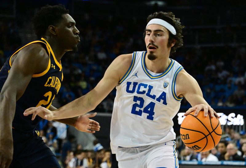 Feb 18, 2023; Los Angeles, California, USA;  UCLA Bruins guard Jaime Jaquez Jr. (24) dribbles the ball against California Golden Bears forward Sam Alajiki (24) in a college basketball game at Pauley Pavilion presented by Wescom. Mandatory Credit: Richard Mackson-USA TODAY Sports