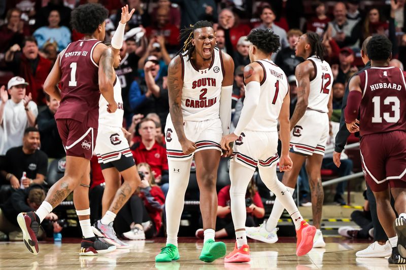 Jan 6, 2024; Columbia, South Carolina, USA; South Carolina Gamecocks forward B.J. Mack (2) celebrates a defensive stop against the Mississippi State Bulldogs in the first half at Colonial Life Arena. Mandatory Credit: Jeff Blake-USA TODAY Sports