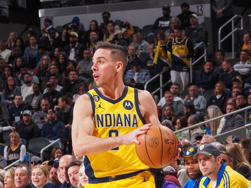 INDIANAPOLIS, IN - FEBUARY 3:  T.J. McConnell #9 of the Indiana Pacers drives to the basket during the game on Febuary 3, 2023 at Gainbridge Fieldhouse in Indianapolis, Indiana. NOTE TO USER: User expressly acknowledges and agrees that, by downloading and or using this Photograph, user is consenting to the terms and conditions of the Getty Images License Agreement. Mandatory Copyright Notice: Copyright 2023 NBAE (Photo by Ron Hoskins/NBAE via Getty Images)