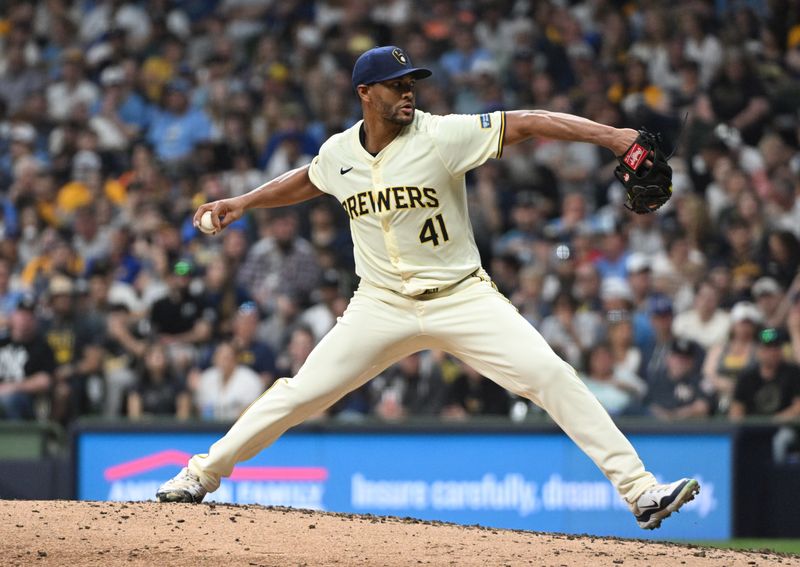 Apr 27, 2024; Milwaukee, Wisconsin, USA; Milwaukee Brewers pitcher Joe Ross (41) delivers a pitch against the New York Yankees in the fifth inning at American Family Field. Mandatory Credit: Michael McLoone-USA TODAY Sports