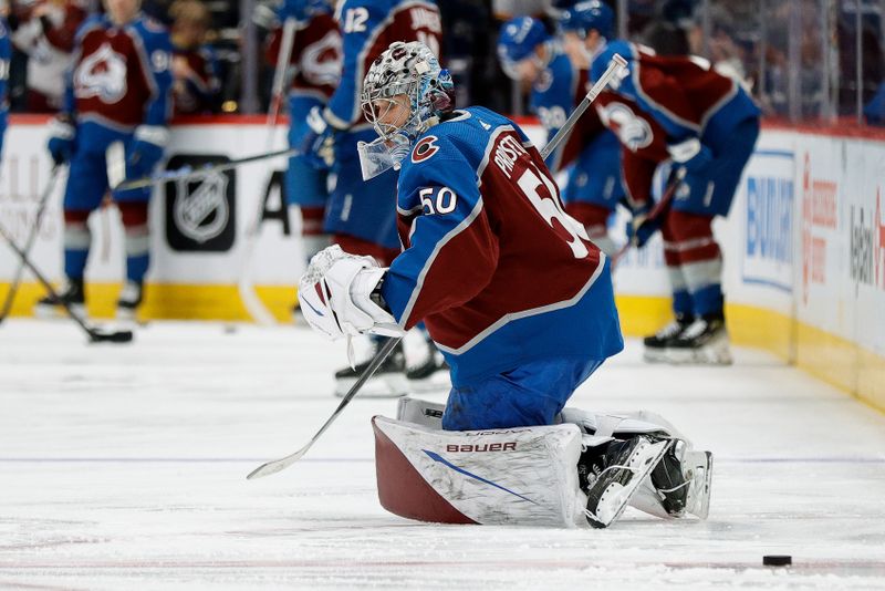 Jan 26, 2024; Denver, Colorado, USA; Colorado Avalanche goaltender Ivan Prosvetov (50) before the game against the Los Angeles Kings at Ball Arena. Mandatory Credit: Isaiah J. Downing-USA TODAY Sports