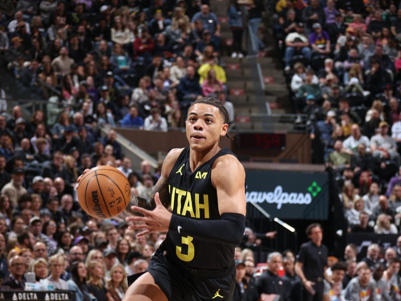 SALT LAKE CITY, UT - MARCH 15:  Keyonte George #3 of the Utah Jazz goes to the basket during the game  on March 15, 2024 at Delta Center in Salt Lake City, Utah. NOTE TO USER: User expressly acknowledges and agrees that, by downloading and or using this Photograph, User is consenting to the terms and conditions of the Getty Images License Agreement. Mandatory Copyright Notice: Copyright 2024 NBAE (Photo by Melissa Majchrzak/NBAE via Getty Images)