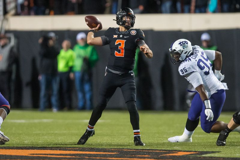 Nov 13, 2021; Stillwater, Oklahoma, USA;  Oklahoma State Cowboys quarterback Spencer Sanders (3) throws a pass as TCU Horned Frogs defensive tackle Terrell Cooper (95) rushes in during the second quarter at Boone Pickens Stadium. Mandatory Credit: Brett Rojo-USA TODAY Sports