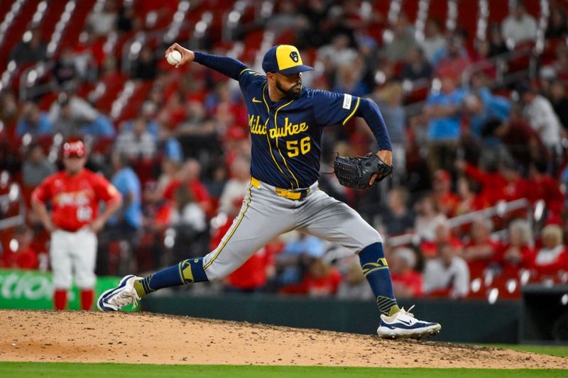 Apr 25, 2025; St. Louis, Missouri, USA;  Milwaukee Brewers relief pitcher Grant Anderson (56) pitches against the St. Louis Cardinals during the eighth inning at Busch Stadium. Mandatory Credit: Jeff Curry-Imagn Images