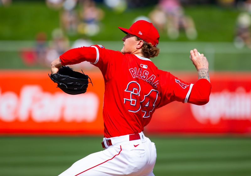 Feb 27, 2024; Tempe, Arizona, USA; Los Angeles Angels pitcher Zach Plesac against the Milwaukee Brewers during a spring training game at Tempe Diablo Stadium. Mandatory Credit: Mark J. Rebilas-USA TODAY Sports