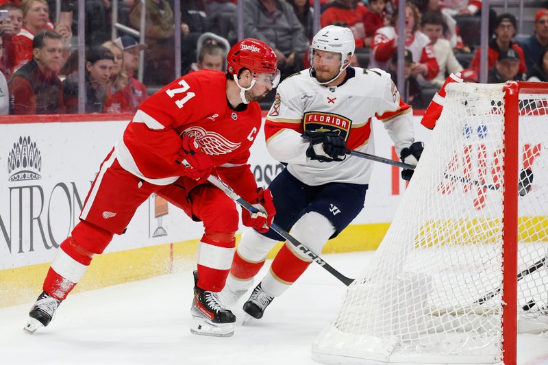 Mar 2, 2024; Detroit, Michigan, USA; Detroit Red Wings center Dylan Larkin (71) skates with the puck in the second period against the Florida Panthers at Little Caesars Arena. Mandatory Credit: Rick Osentoski-USA TODAY Sports