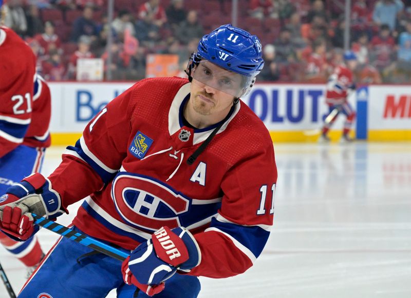 Nov 16, 2023; Montreal, Quebec, CAN; Montreal Canadiens forward Brendan Gallagher (11) skates during the warmup period before a game against the Vegas Golden Knights at the Bell Centre. Mandatory Credit: Eric Bolte-USA TODAY Sports