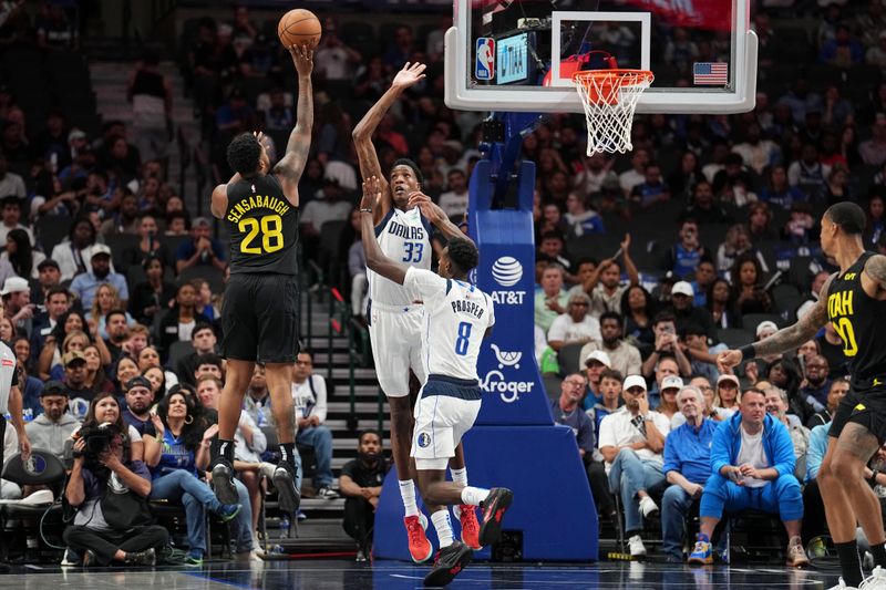 DALLAS, TX - OCTOBER 10: Brice Sensabaugh #28 of the Utah Jazz shoots the ball during the game against the Dallas Mavericks on October 10, 2024 at American Airlines Center in Dallas, Texas. NOTE TO USER: User expressly acknowledges and agrees that, by downloading and or using this photograph, User is consenting to the terms and conditions of the Getty Images License Agreement. Mandatory Copyright Notice: Copyright 2024 NBAE (Photo by Glenn James/NBAE via Getty Images)