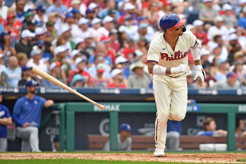 Jun 11, 2023; Philadelphia, Pennsylvania, USA; Philadelphia Phillies right fielder Nick Castellanos (8) hits a two run home run against the Los Angeles Dodgers during the seventh inning at Citizens Bank Park. Mandatory Credit: Eric Hartline-USA TODAY Sports