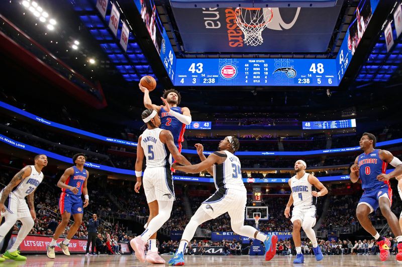 DETROIT, MI - FEBRUARY 4: Cade Cunningham #2 of the Detroit Pistons drives to the basket during the game against the Orlando Magic on February 4, 2024 at Little Caesars Arena in Detroit, Michigan. NOTE TO USER: User expressly acknowledges and agrees that, by downloading and/or using this photograph, User is consenting to the terms and conditions of the Getty Images License Agreement. Mandatory Copyright Notice: Copyright 2024 NBAE (Photo by Brian Sevald/NBAE via Getty Images)