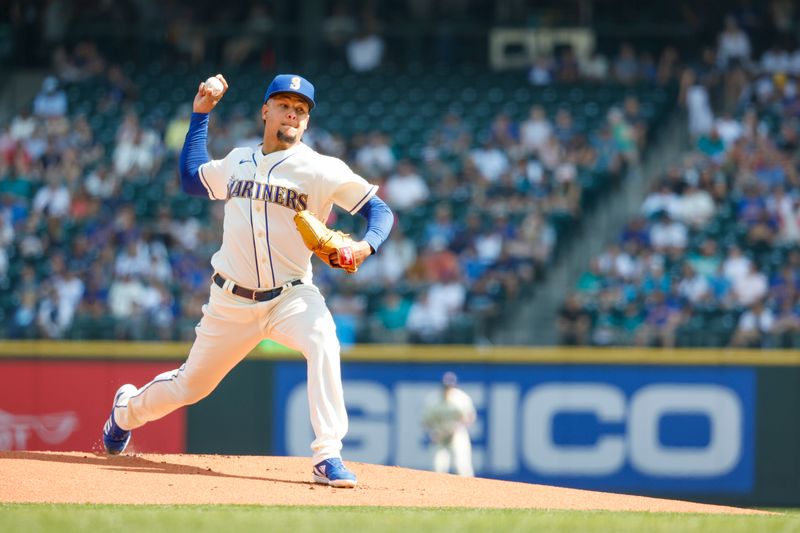 Aug 27, 2023; Seattle, Washington, USA; Seattle Mariners starting pitcher Luis Castillo (58) throws against the Kansas City Royals during the first inning at T-Mobile Park. Mandatory Credit: Joe Nicholson-USA TODAY Sports