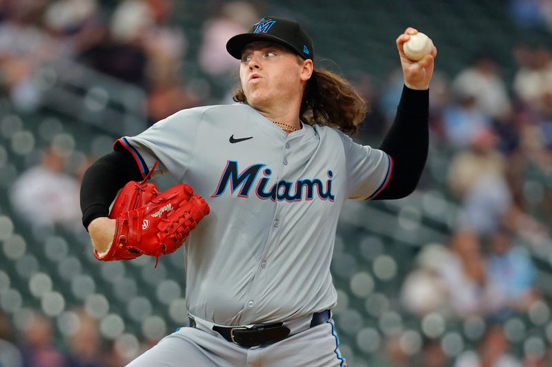 Sep 24, 2024; Minneapolis, Minnesota, USA; Miami Marlins starting pitcher Ryan Weathers (60) pitches in the first inning against the Minnesota Twins at Target Field. Mandatory Credit: Bruce Kluckhohn-Imagn Images