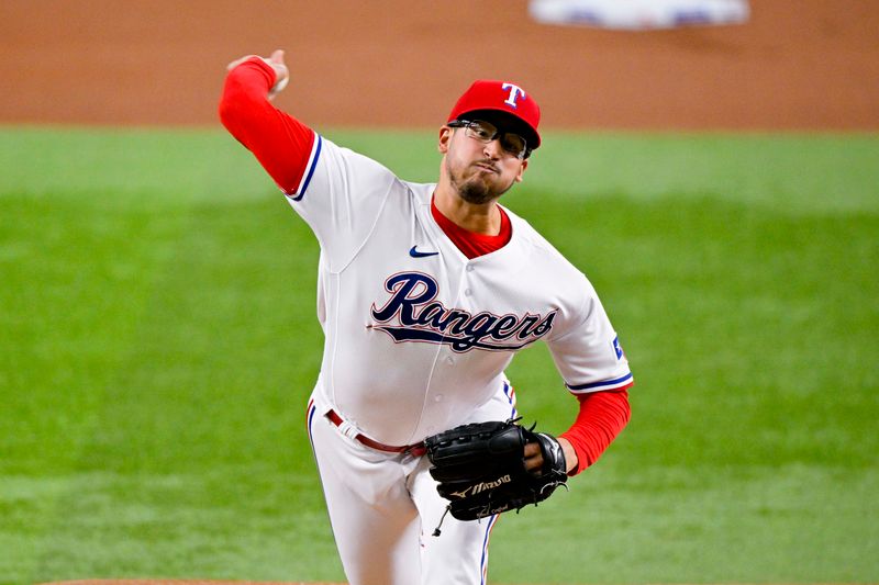 May 16, 2023; Arlington, Texas, USA; Texas Rangers starting pitcher Dane Dunning (33) pitches against the Atlanta Braves during the first inning at Globe Life Field. Mandatory Credit: Jerome Miron-USA TODAY Sports