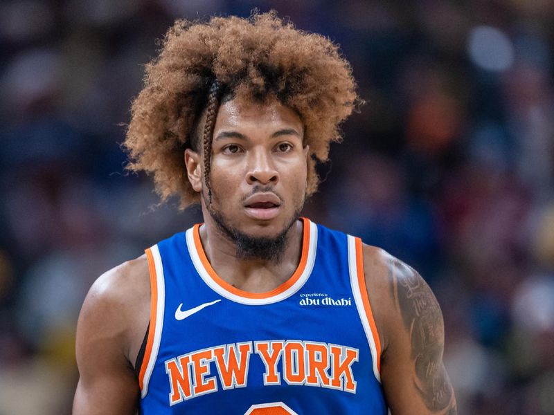 INDIANAPOLIS, INDIANA - NOVEMBER 10: Miles McBride #2 of the New York Knicks is seen during the game against the Indiana Pacers at Gainbridge Fieldhouse on November 10, 2024 in Indianapolis, Indiana. NOTE TO USER: User expressly acknowledges and agrees that, by downloading and or using this photograph, User is consenting to the terms and conditions of the Getty Images License Agreement. (Photo by Michael Hickey/Getty Images)