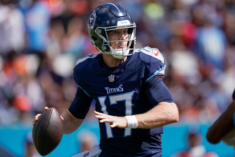 Tennessee Titans quarterback Ryan Tannehill (17) looks to throw a pass against the Cincinnati Bengals during the first half of an NFL football game Sunday, Oct. 1, 2023, in Nashville, Tenn. (AP Photo/George Walker IV)