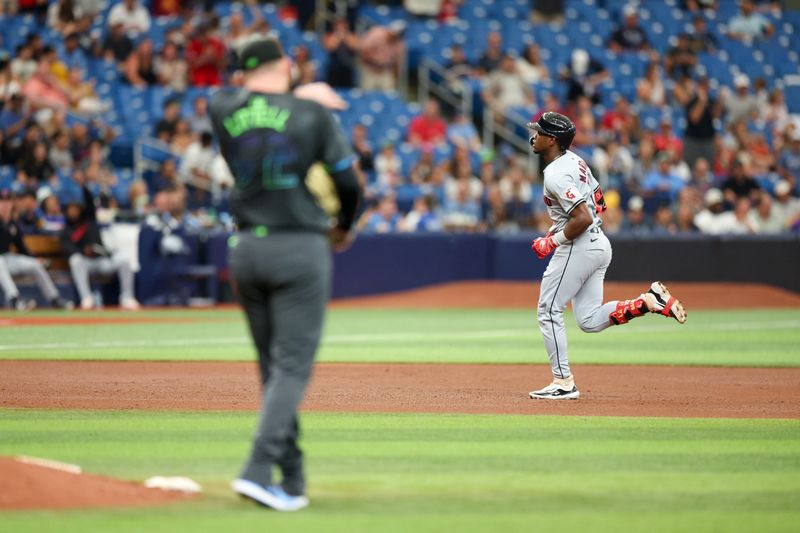 Jul 13, 2024; St. Petersburg, Florida, USA; Cleveland Guardians outfielder Angel Martinez (1) runs the bases after hitting a home run against the Tampa Bay Rays in the fifth inning at Tropicana Field. Mandatory Credit: Nathan Ray Seebeck-USA TODAY Sports