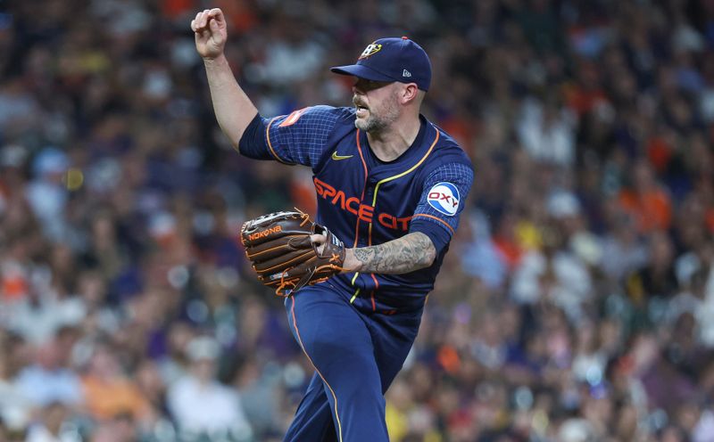 Jul 29, 2024; Houston, Texas, USA; Houston Astros relief pitcher Ryan Pressly (55) delivers a pitch during the eighth inning against the Pittsburgh Pirates at Minute Maid Park. Mandatory Credit: Troy Taormina-USA TODAY Sports