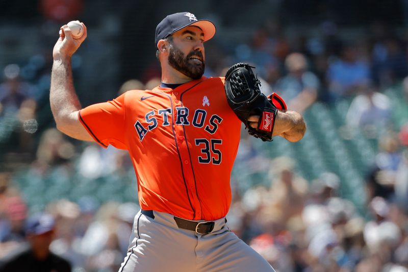 May 12, 2024; Detroit, Michigan, USA;  Houston Astros starting pitcher Justin Verlander (35) pitches in the first inning against the Detroit Tigers at Comerica Park. Mandatory Credit: Rick Osentoski-USA TODAY Sports