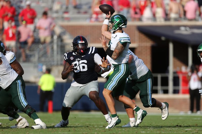 Sep 20, 2025; Oxford, Mississippi, USA; Tulane Green Wave quarterback Brendan Sullivan (6) passes the ball during the fourth quarter against the Mississippi Rebels at Vaught-Hemingway Stadium. Mandatory Credit: Petre Thomas-Imagn Images