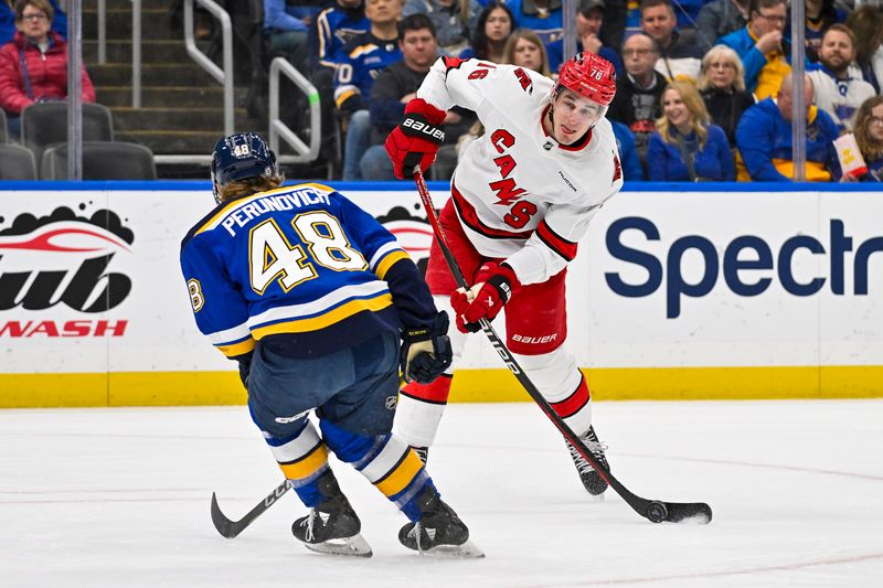 Apr 12, 2024; St. Louis, Missouri, USA;  Carolina Hurricanes defenseman Brady Skjei (76) shoots as St. Louis Blues defenseman Scott Perunovich (48) defends during the first period at Enterprise Center. Mandatory Credit: Jeff Curry-USA TODAY Sports