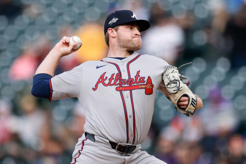 Apr 28, 2025; Denver, Colorado, USA; Atlanta Braves starting pitcher Bryce Elder (55) pitches in the first inning against the Colorado Rockies at Coors Field. Mandatory Credit: Isaiah J. Downing-Imagn Images