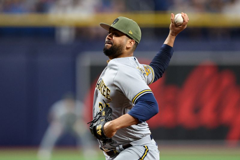 May 19, 2023; St. Petersburg, Florida, USA;  Milwaukee Brewers relief pitcher Joel Payamps (31) throws a pitch against the Tampa Bay Rays in the seventh inning at Tropicana Field. Mandatory Credit: Nathan Ray Seebeck-USA TODAY Sports