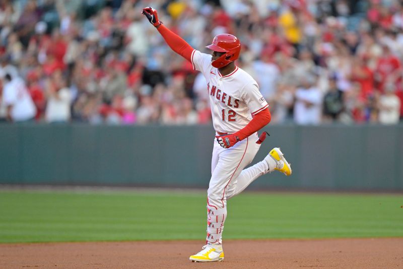 Apr 5, 2025; Anaheim, California, USA;  Los Angeles Angels right fielder Jorge Soler (12) rounds the bases after hitting a two-run home run in the first inning against the Cleveland Guardians at Angel Stadium. Mandatory Credit: Jayne Kamin-Oncea-Imagn Images