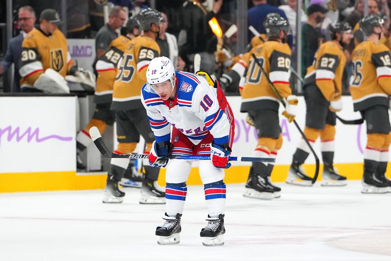 Nov 18, 2025; Las Vegas, Nevada, USA; New York Rangers left wing Artemi Panarin (10) reacts after the Vegas Golden Knights defeated the Rangers 3-2 at T-Mobile Arena. Mandatory Credit: Stephen R. Sylvanie-Imagn Images