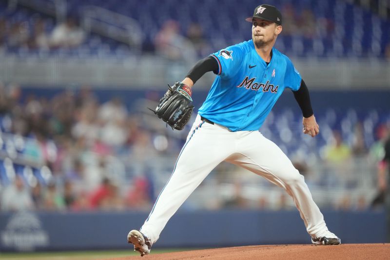 May 12, 2024; Miami, Florida, USA;  Miami Marlins starting pitcher Braxton Garrett (29) pitches I the first inning against the Philadelphia Phillies at loanDepot Park. Mandatory Credit: Jim Rassol-USA TODAY Sports