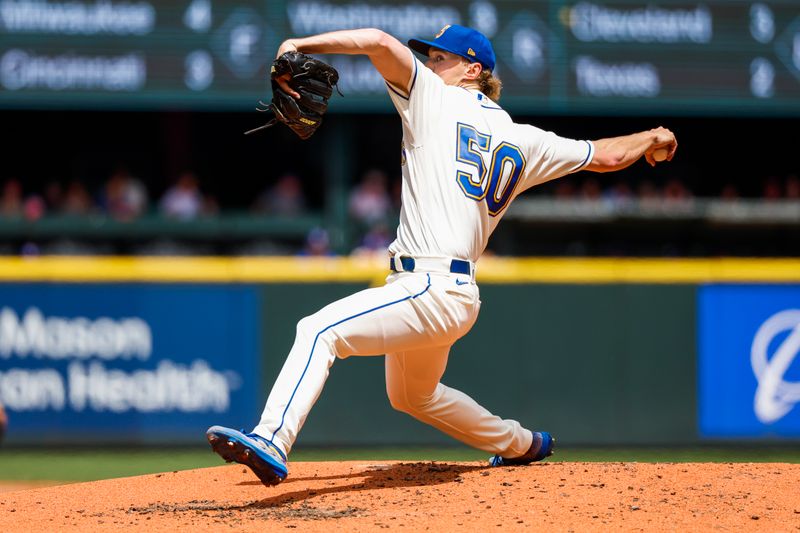 Jul 16, 2023; Seattle, Washington, USA; Seattle Mariners starting pitcher Bryce Miller (50) throws against the Detroit Tigers during the third inning at T-Mobile Park. Mandatory Credit: Joe Nicholson-USA TODAY Sports