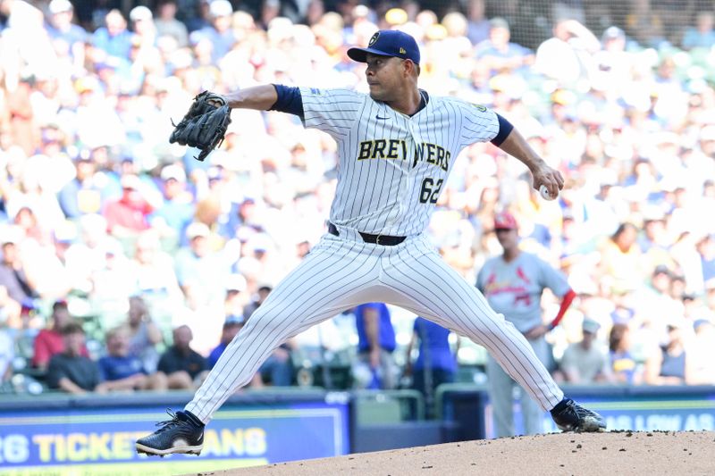 Sep 14, 2025; Milwaukee, Wisconsin, USA; Milwaukee Brewers starting pitcher Jose Quintana (62) throws against the St. Louis Cardinals in the first inning at American Family Field. Mandatory Credit: Benny Sieu-Imagn Images