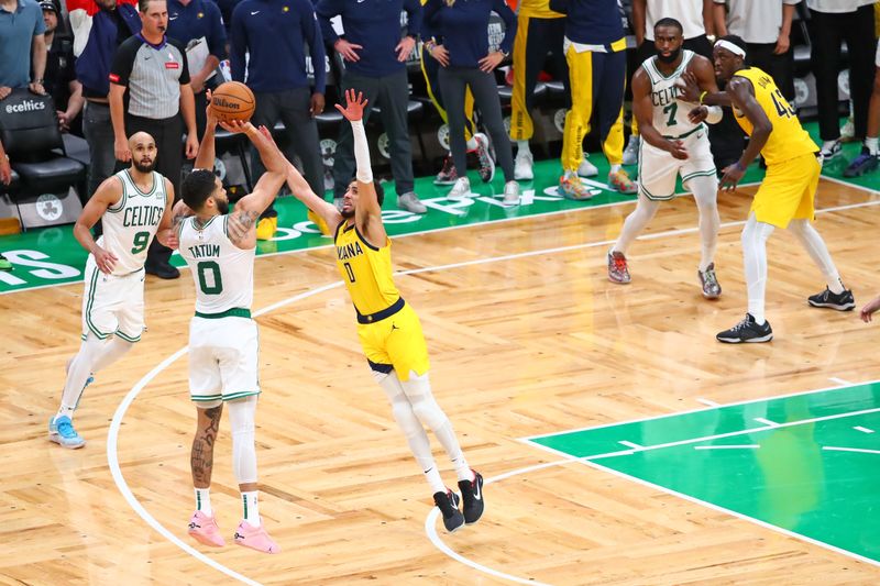 BOSTON, MA - MAY 21: Jayson Tatum #0 of the Boston Celtics shoots the ball during the game against the Indiana Pacers during Game 1 of the Eastern Conference Finals of the 2024 NBA Playoffs on May 21, 2024 at the TD Garden in Boston, Massachusetts. NOTE TO USER: User expressly acknowledges and agrees that, by downloading and or using this photograph, User is consenting to the terms and conditions of the Getty Images License Agreement. Mandatory Copyright Notice: Copyright 2024 NBAE  (Photo by David L. Nemec/NBAE via Getty Images)