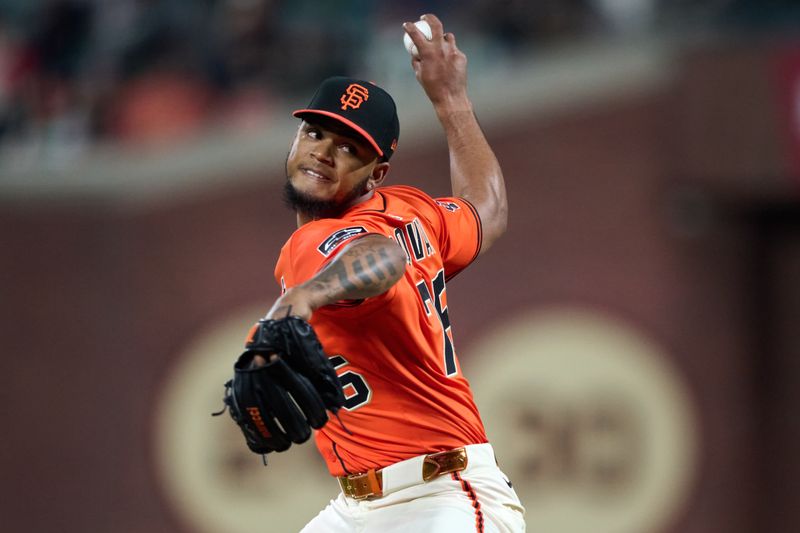 Jun 6, 2025; San Francisco, California, USA; San Francisco Giants pitcher Camilo Doval (75) throws a pitch against the Atlanta Braves during the ninth inning at Oracle Park. Mandatory Credit: Robert Edwards-Imagn Images