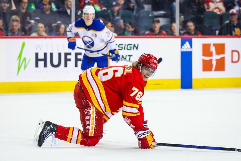 Mar 24, 2024; Calgary, Alberta, CAN; Calgary Flames center Martin Pospisil (76) lost his skate blade during the first period against the Buffalo Sabres at Scotiabank Saddledome. Mandatory Credit: Sergei Belski-USA TODAY Sports