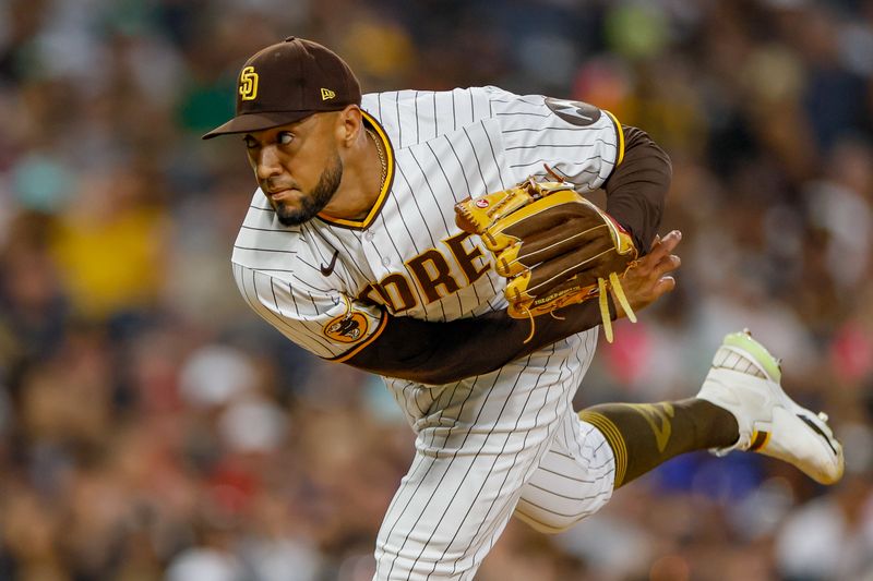 Jul 29, 2023; San Diego, California, USA; San Diego Padres relief pitcher Robert Suarez (75) throws a pitch during the eighth inning against the Texas Rangers at Petco Park. Mandatory Credit: David Frerker-USA TODAY Sports