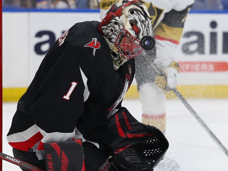 Mar 2, 2024; Buffalo, New York, USA;  Buffalo Sabres goaltender Ukko-Pekka Luukkonen (1) makes a save during the third period against the Vegas Golden Knights at KeyBank Center. Mandatory Credit: Timothy T. Ludwig-USA TODAY Sports