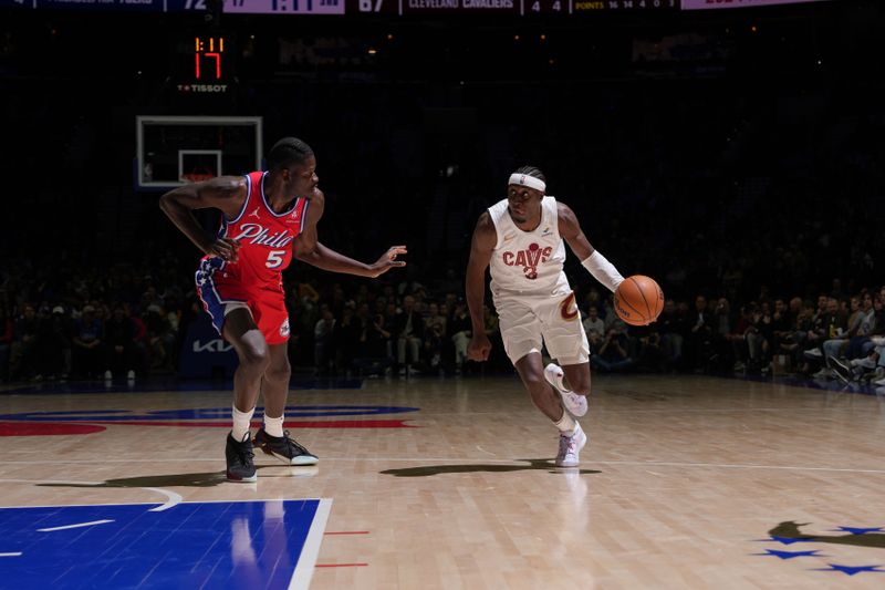 PHILADELPHIA, PA - FEBRUARY 23: Caris LeVert #3 of the Cleveland Cavaliers drives to the basket during the game against the Philadelphia 76ers on February 23, 2024 at the Wells Fargo Center in Philadelphia, Pennsylvania NOTE TO USER: User expressly acknowledges and agrees that, by downloading and/or using this Photograph, user is consenting to the terms and conditions of the Getty Images License Agreement. Mandatory Copyright Notice: Copyright 2024 NBAE (Photo by Jesse D. Garrabrant/NBAE via Getty Images)