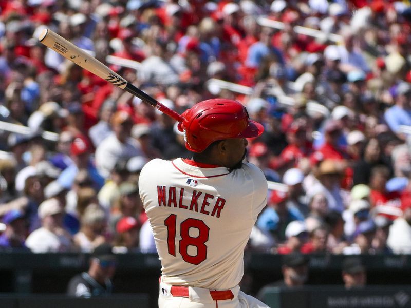 May 24, 2025; St. Louis, Missouri, USA;  St. Louis Cardinals right fielder Jordan Walker (18) hits a two run double against the Arizona Diamondbacks during the seventh inning at Busch Stadium. Mandatory Credit: Jeff Curry-Imagn Images