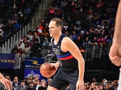 DETROIT, MI - DECEMBER 2: Bojan Bogdanovic #44 of the Detroit Pistons handles the ball during the game  on December 2, 2023 at Little Caesars Arena in Detroit, Michigan. NOTE TO USER: User expressly acknowledges and agrees that, by downloading and/or using this photograph, User is consenting to the terms and conditions of the Getty Images License Agreement. Mandatory Copyright Notice: Copyright 2023 NBAE (Photo by Chris Schwegler/NBAE via Getty Images)