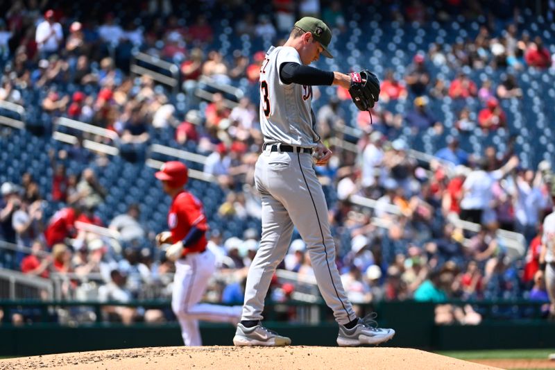 May 21, 2023; Washington, District of Columbia, USA; Detroit Tigers starting pitcher Joey Wentz (43) reacts after hitting a solo home run during the second inning against the Detroit Tigers at Nationals Park. Mandatory Credit: Brad Mills-USA TODAY Sports