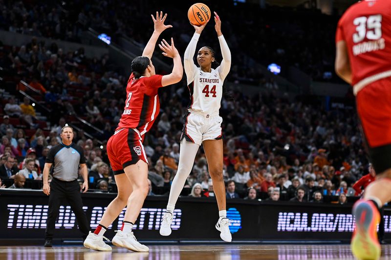 Mar 29, 2024; Portland, OR, USA; Stanford Cardinal forward Kiki Iriafen (44) shoots a jump shot during the second half against NC State Wolfpack forward Mimi Collins (2) in the semifinals of the Portland Regional of the 2024 NCAA Tournament at the Moda Center at the Moda Center. Mandatory Credit: Troy Wayrynen-USA TODAY Sports